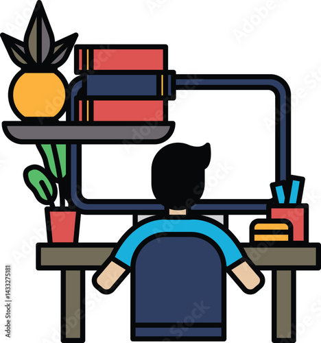 A man is sitting at a desk with a computer monitor in front of him