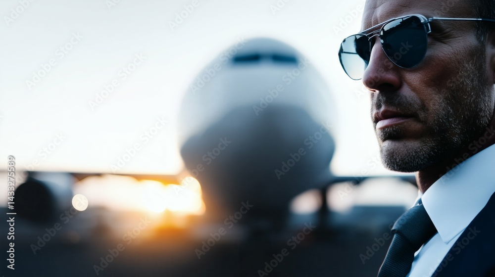 Man with sunglasses near airplane, Sunset light on aircraft, Business aviation and travel lifestyle concept