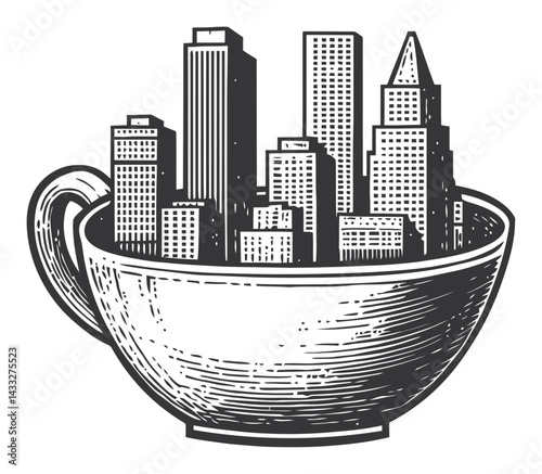 Urban Landscape in Teacup Engraving, Vintage Woodcut Style