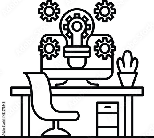 computer monitor with a light bulb on it and a bunch of gears surrounding it