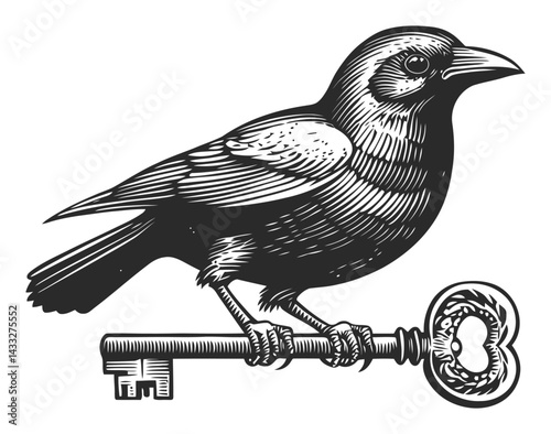Detailed Illustration of a Bird Perched on a Vintage Key