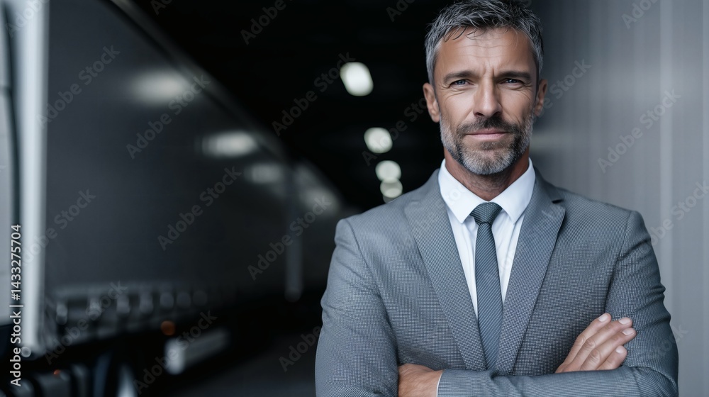 Mature businessman at loading dock, Confident man near truck, Freight management and logistics concept