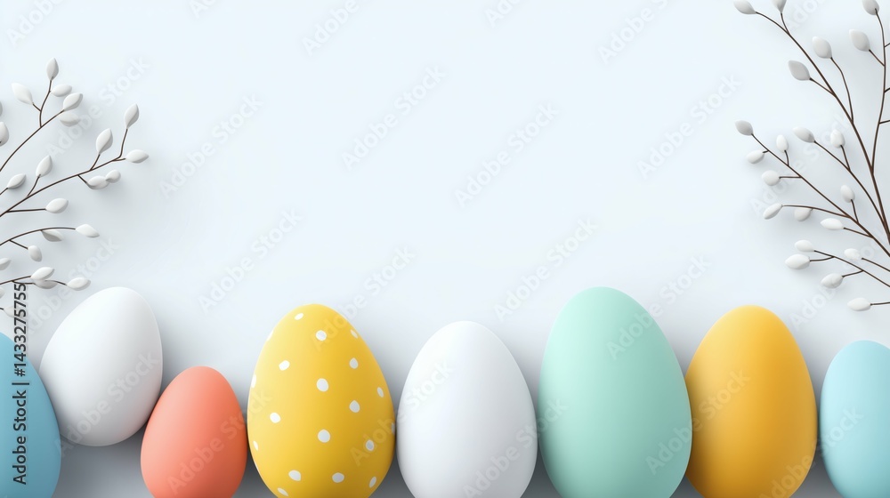 Pastel Easter eggs with spring twigs, Minimal decorative holiday layout, Elegant festive background for Easter greeting
