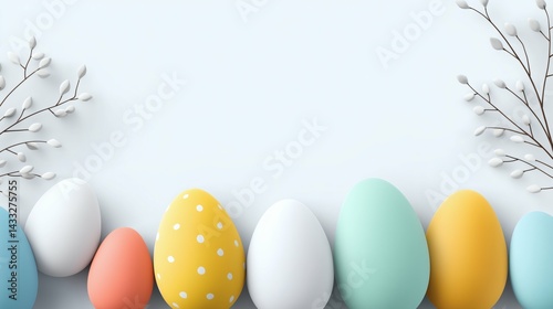 Obraz na płótnie Pastel Easter eggs with spring twigs, Minimal decorative holiday layout, Elegant festive background for Easter greeting w salonie