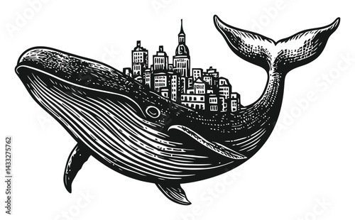 Majestic Whale with Urban Cityscape Engraved Woodcut Style Art