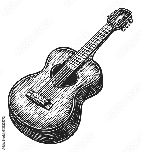 Detailed Engraving of Acoustic Guitar in Vintage Woodcut Style