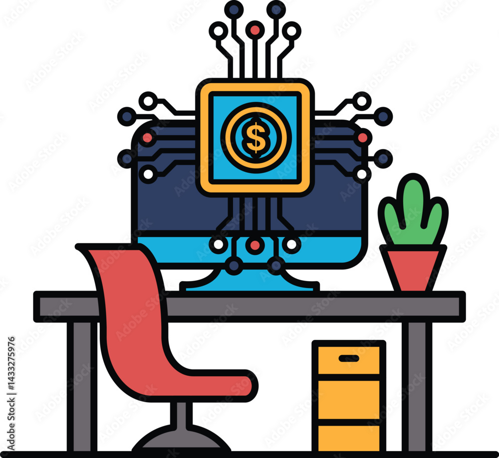 Naklejka premium A computer monitor with a dollar sign on it sits on a desk next to a potted plan
