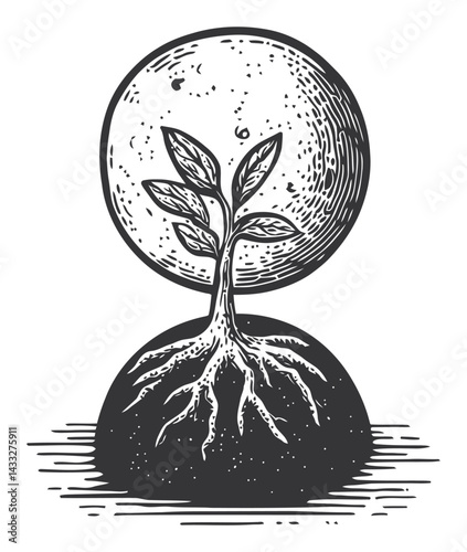 Engraved Illustration of a Tree with Roots and Moon Background