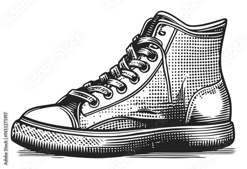 Vintage High Top Sneaker Engraving in Detailed Black and White Style