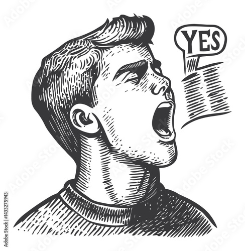 Hand-Drawn Engraving of Youthful Man Shouting Yes in Vintage Style