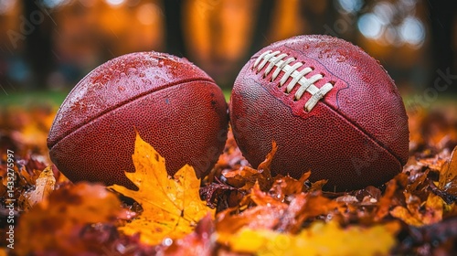 Autumn Football: Two American Footballs Resting on a Bed of Colorful Fall Leaves