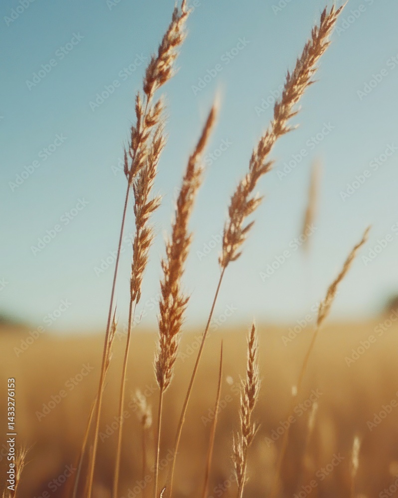 Fototapeta premium Golden dry grass blades illuminated by sunlight under clear sky