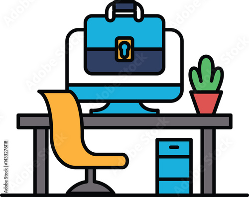 A computer desk with a laptop, a computer monitor, a keyboard, a mouse, a chair