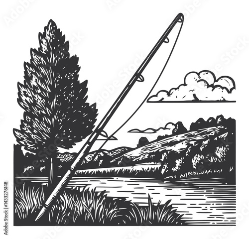 Serene Fishing Scene with Tree and Rod in Woodcut Style Illustration