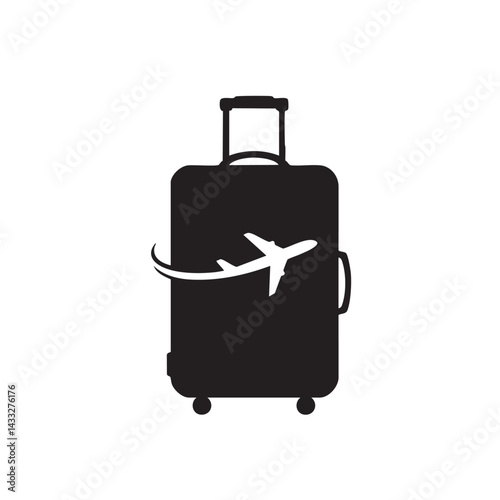 Travel logo design icon airplane silhouette flying around luggage suitcase symbol for tourism agency or trip brand.
