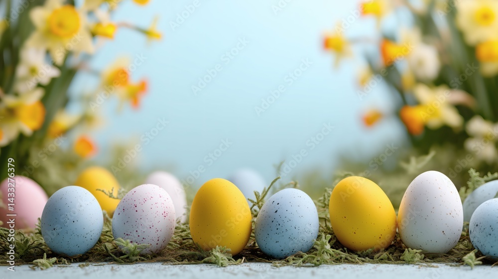 Speckled eggs with daffodils in background, Easter eggs in natural spring setting, Floral backdrop with colorful eggs