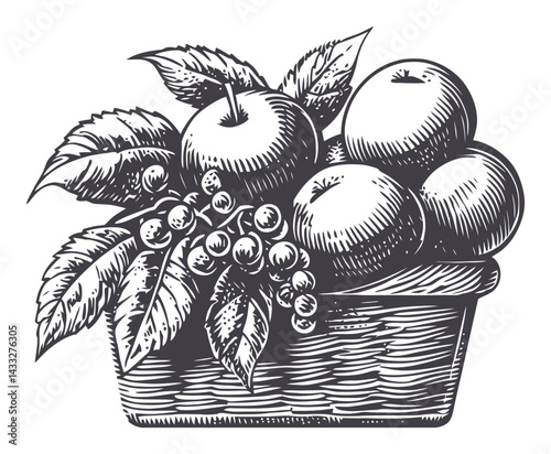 Vintage Engraving of Apples and Berries in a Wooden Basket