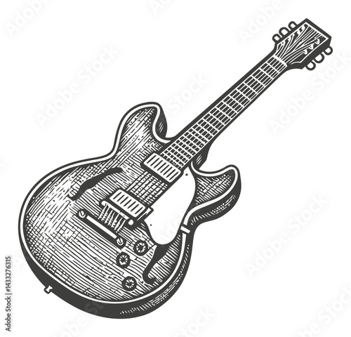 Detailed Illustration of Classic Electric Guitar in Engraving Style
