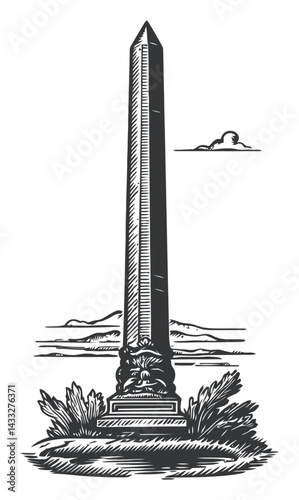 Vintage Engraving of an Obelisk with a Lion Sculpture and Landscape
