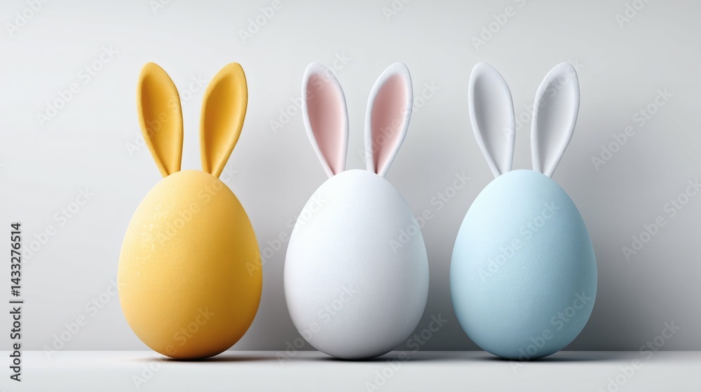 Trio of Easter eggs with bunny ears, Minimal spring setup in soft tones, Cute bunny-themed holiday decor