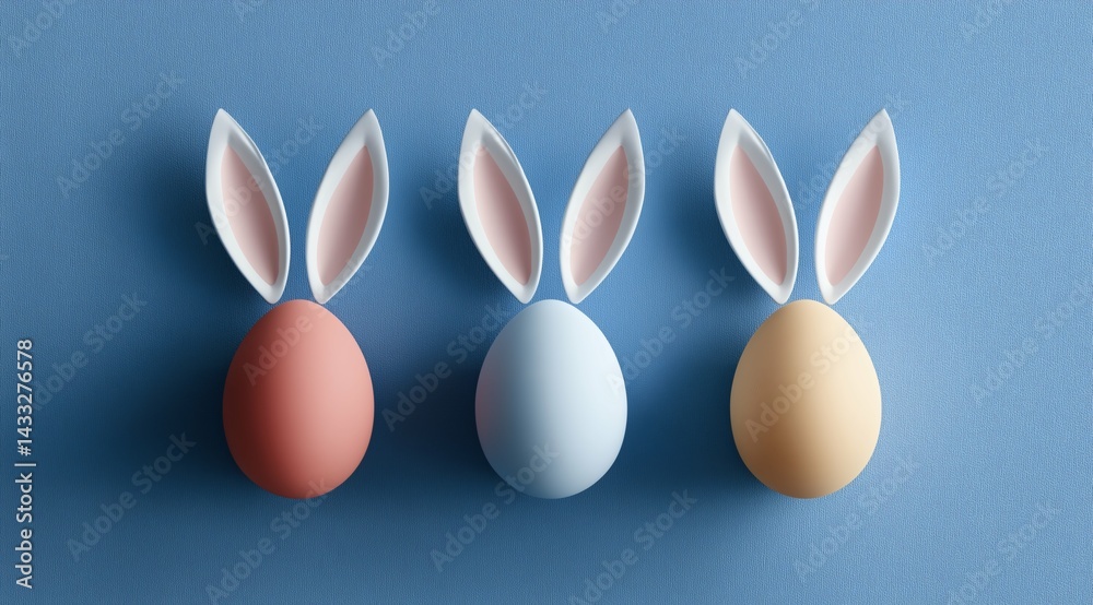 Trio of bunny eggs in pastel colors, Cute Easter display on blue backdrop, Simple and charming seasonal decoration