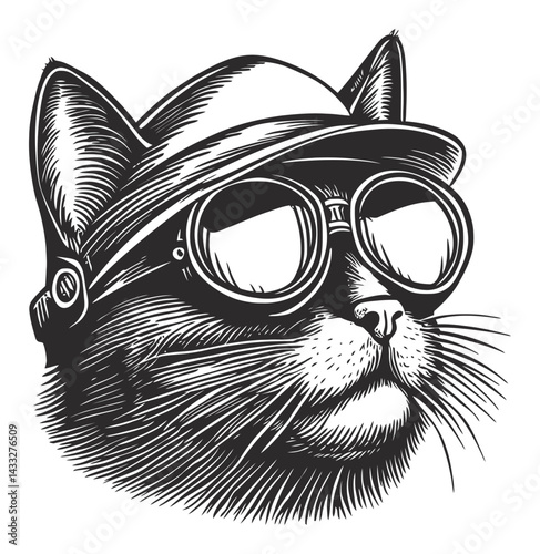 Vintage Cat Illustration with Goggles and Hat in Engraving Style