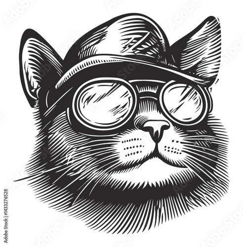 Detailed Engraving Style Illustration of a Vintage Cat with Glasses