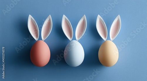 Obraz na płótnie Trio of bunny eggs in pastel colors, Cute Easter display on blue backdrop, Simple and charming seasonal decoration w salonie