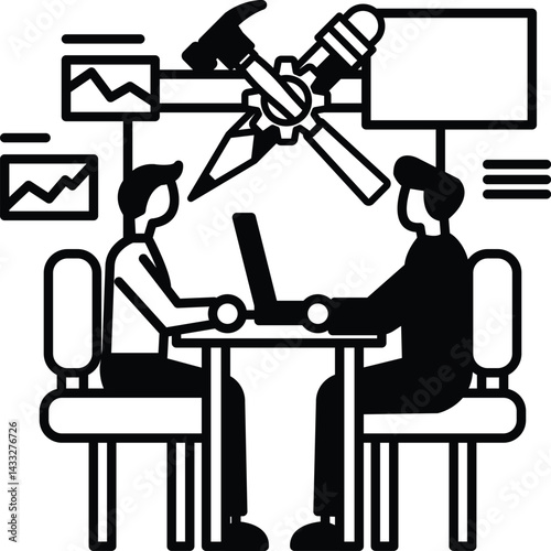men sitting at a table with a laptop in front of them