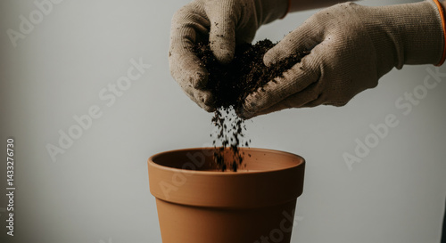 Gloved hands pour the soil into the pot, preparing the plants for planting. The importance of proper substrate for plant growth and health. Close-up.
