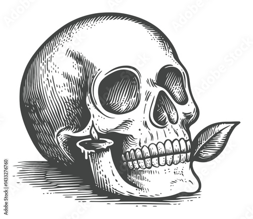 Skull Illustration with Leaf in Engraved Style for Artistic Use