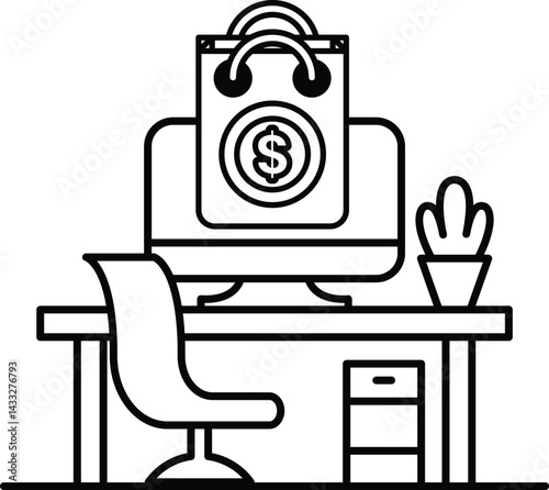 computer monitor is on a desk with a shopping bag and a dollar sign