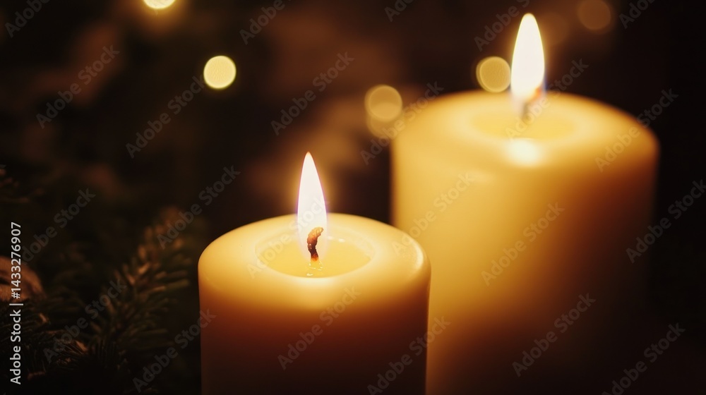 Two burning candles with a warm light creating a cozy scene Two burning candles with a warm light creating a cozy scene