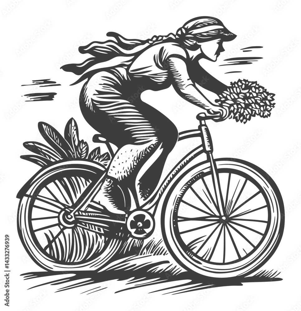 Naklejka premium Vintage Woman Riding Bicycle with Flowers in Engraving Style