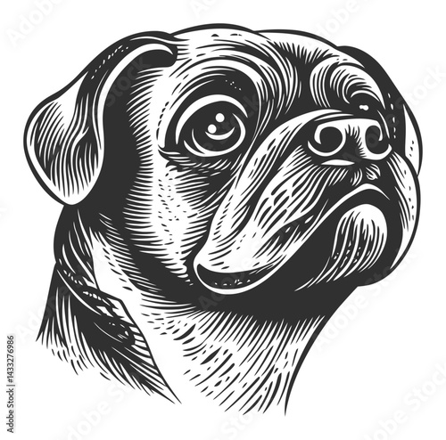Detailed Engraved Illustration of a Pug in Vintage Style