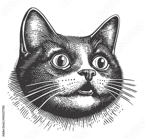Vintage Engraving of Cat Face in Detailed Illustration Style