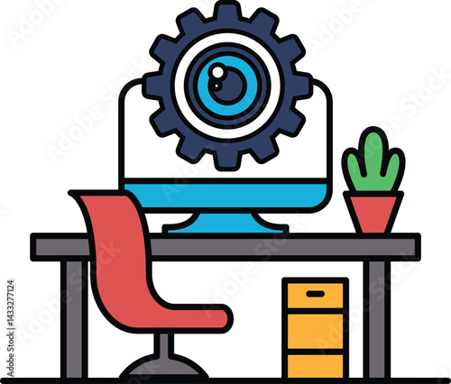 A computer monitor with a gear on it sits on a desk with a red chair