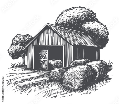 Vintage Barn with Hay Bales in Engraving Style Illustration