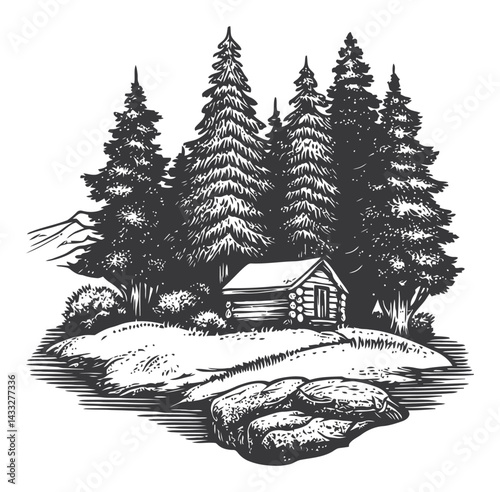Detailed Engraving of a Cabin Surrounded by Tall Pine Trees