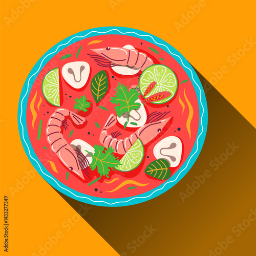 Spicy Shrimp Soup, Tom Yum Soup, Asian seafood soup in bowl with herbs and lime. Vector illustration. Thai food concept
