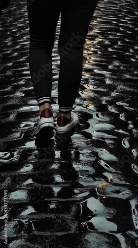 Walking on Wet Cobblestone Street at Night: Urban Reflection