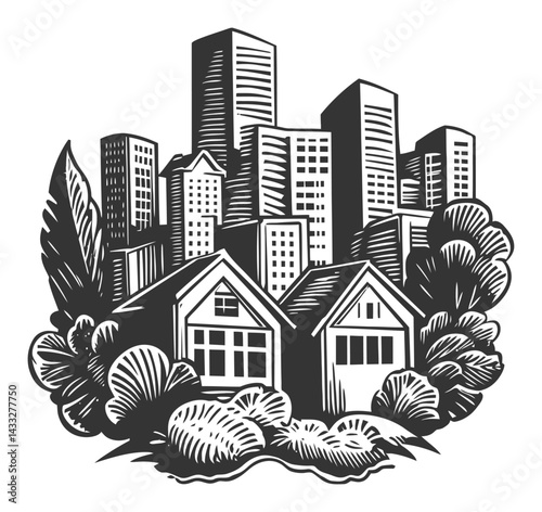 Urban Landscape with Houses and Tall Buildings in Woodcut Illustration