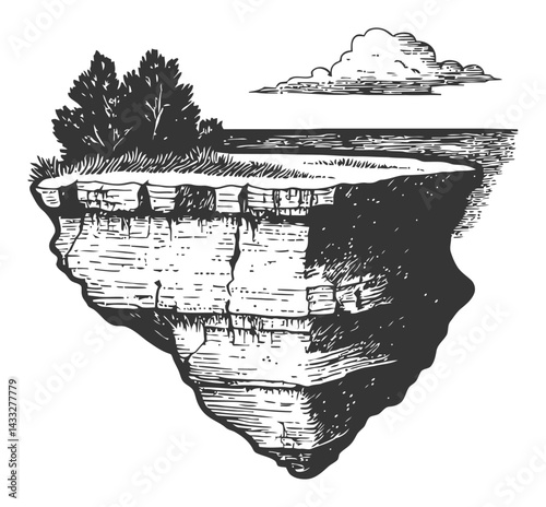 Detailed Engraving of Cliff Landscape with Trees and Clouds