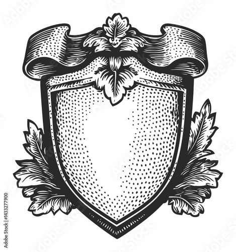 Intricate Vintage Shield Design with Floral Elements and Banner