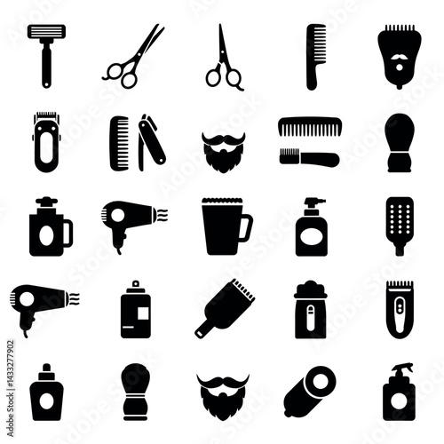 Barber tools and grooming equipment vector icons set for hair care and styling 