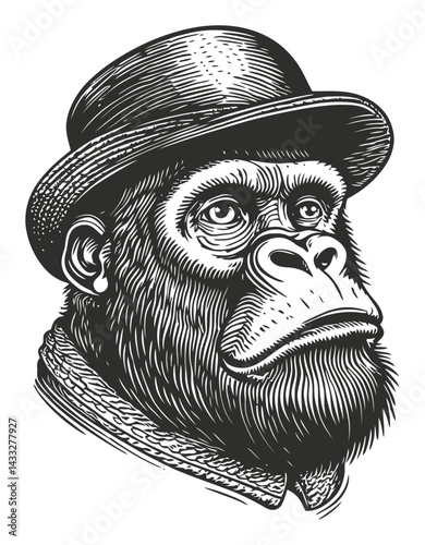 Detailed Vintage Illustration of a Gorilla Wearing a Bowler Hat