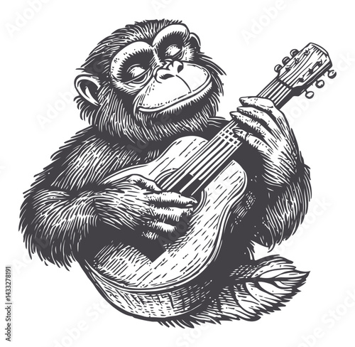 Detailed Woodcut Style Illustration of a Monkey Playing Guitar