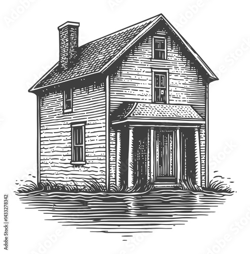 Vintage Engraving of a House Amidst a Flooded Landscape Illustration