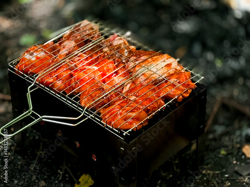 Juicy marinated chicken cooking on portable charcoal grill outdoors