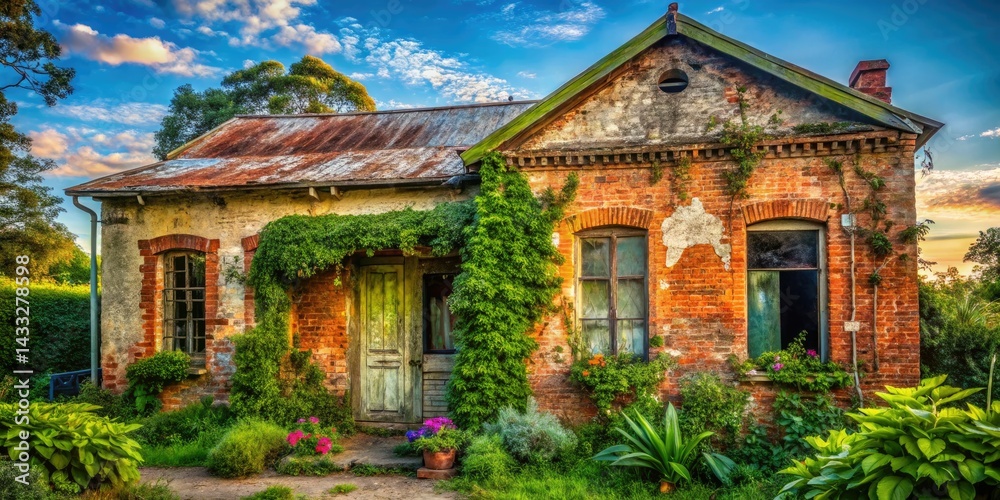 Fototapeta premium Vintage One-Story Building Portrait Photography: Rustic Charm, Architectural Detail, Historic House, Old Building Facade